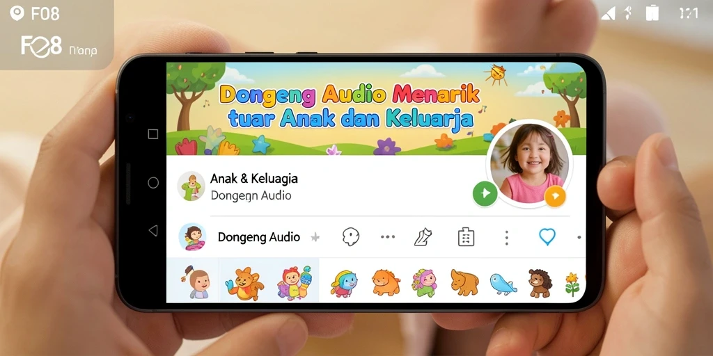 Antarmuka aplikasi FO8 dengan pilihan dongeng audio yang menarik.