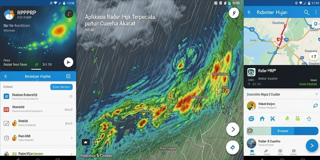 Screenshot menunjukkan antarmuka utama RPRPRP dengan peta radar hujan yang jelas.